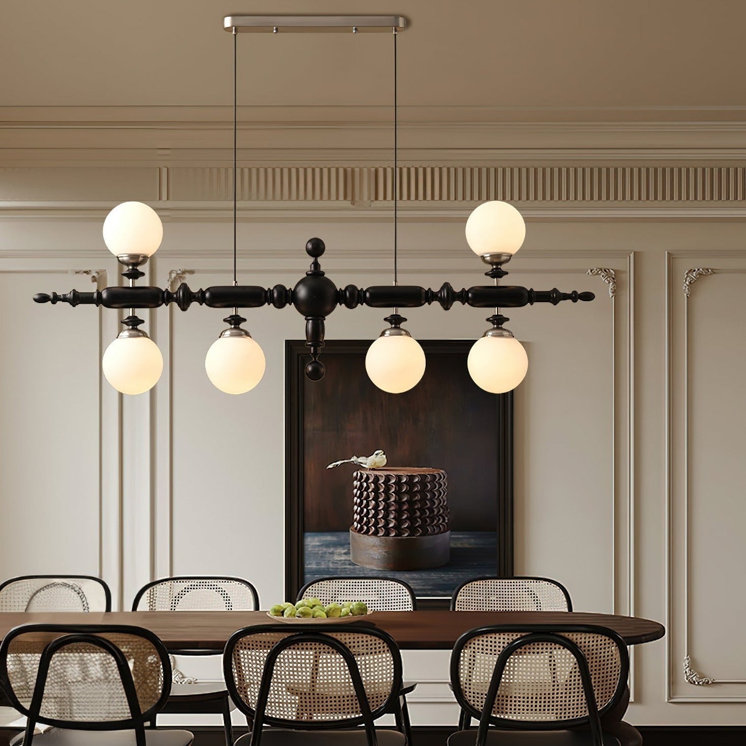 Drewniana lampa wisząca z kulistymi kloszami