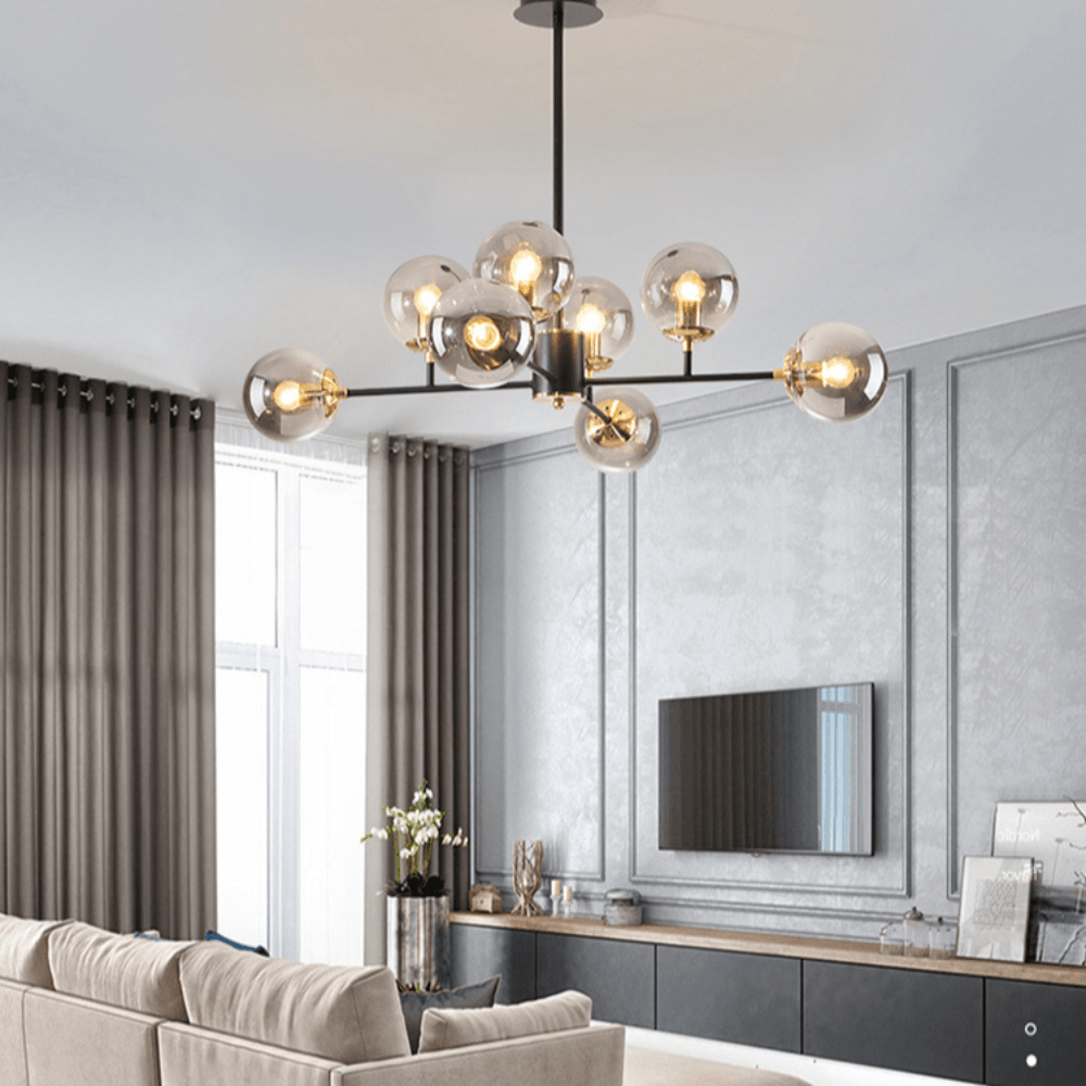 Żyrandol sufitowy z dymionymi szklanymi kloszami