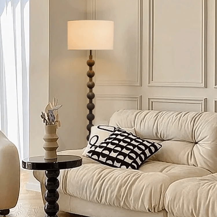 Lampa podłogowa drewniana Japandi z tkaninowym kloszem