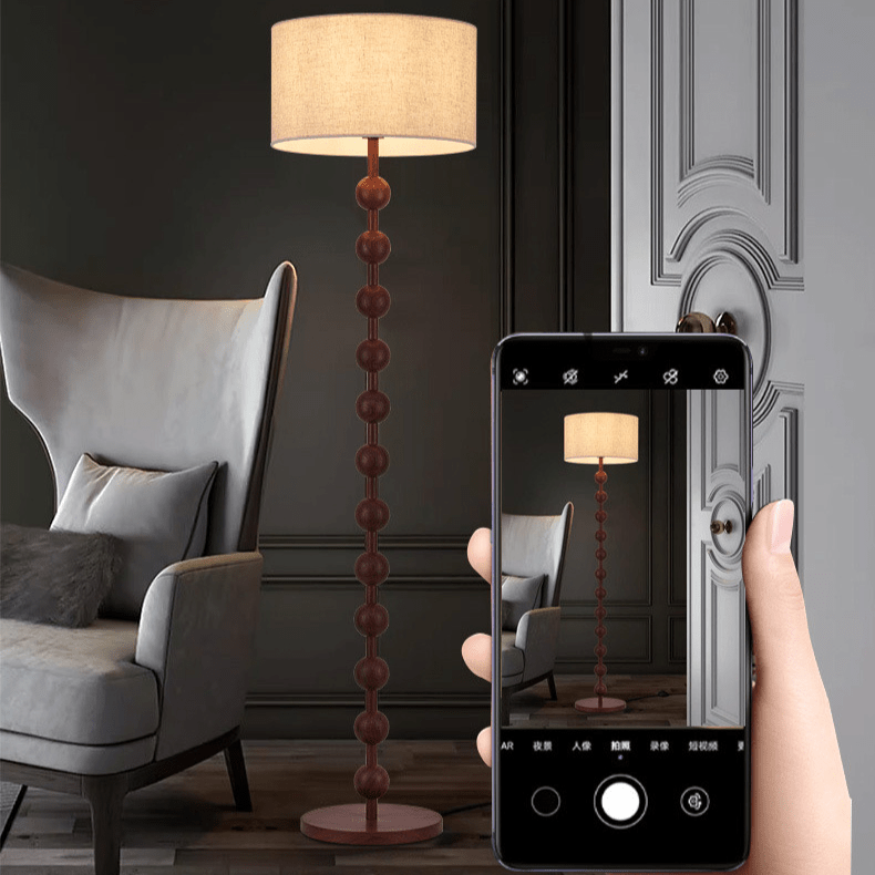 Lampa podłogowa drewniana Japandi z tkaninowym kloszem