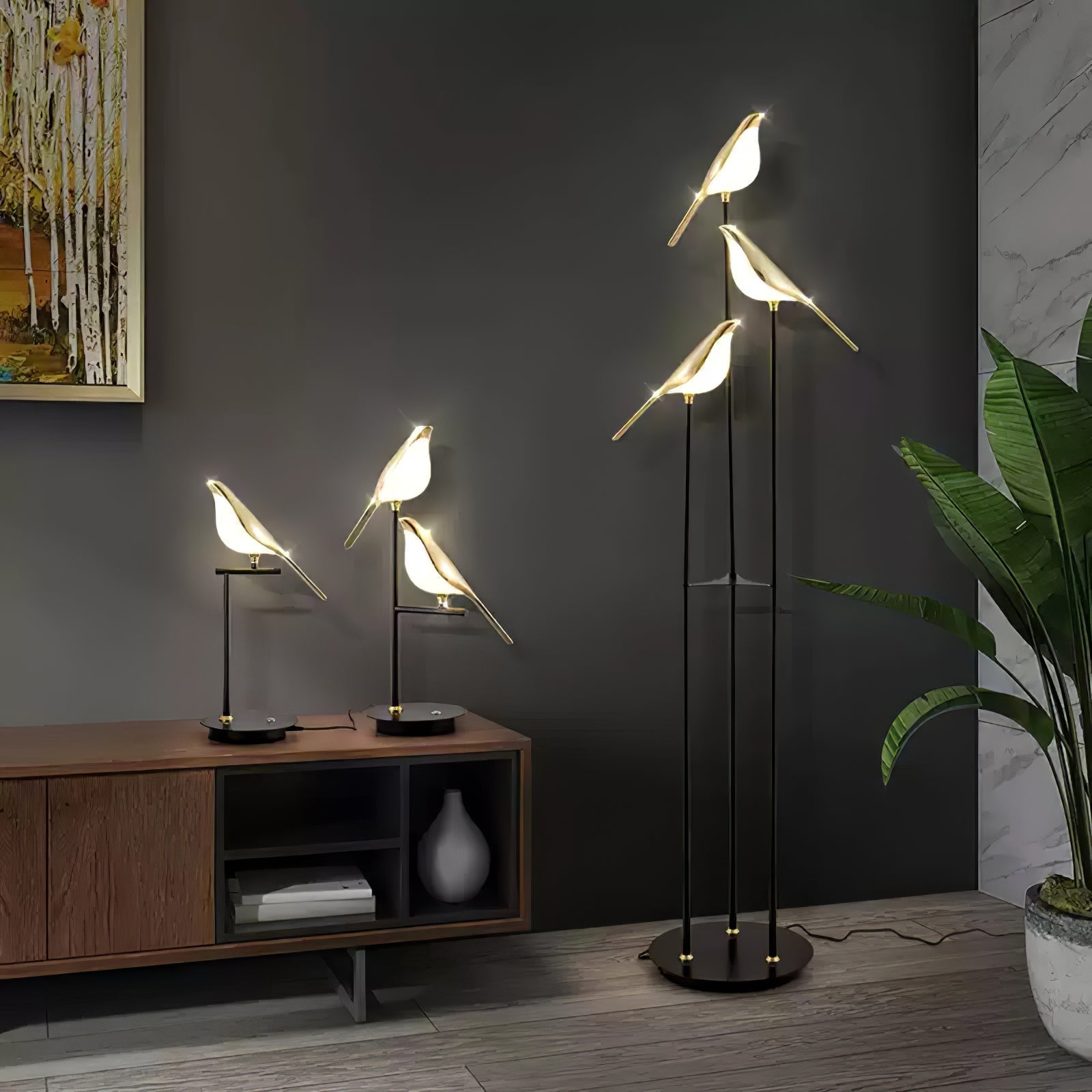Lampa podłogowa LED z motywem ptaków Magpie Perch